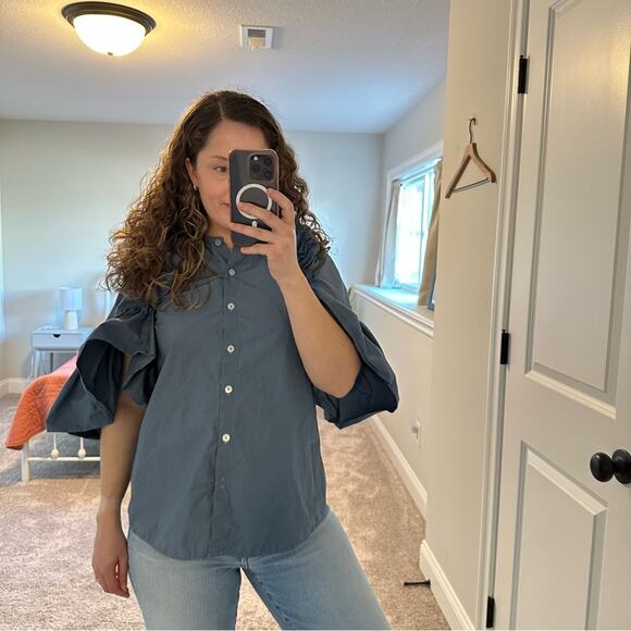 Tuckernuck TISH COX Blue Button Front Ruffled Top Blouse XS - Picture 3 of 15